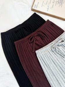 Napfluff Women's 3 PiecesPajama Bottoms Set, Knitted Ribbed Brushed Fabric, Bowknot Cute Casual Minimalist Fashionable Wearable Long Pants - Multicolor - View 2