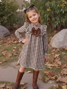 Emery Rose Kids Emery Rose Kids 兒童少女可愛度假休閒杏色格紋蝴蝶結長袖寬鬆連身裙 秋季花卉洋裝 校服 開學穿搭 - 卡其色 - 查看 6