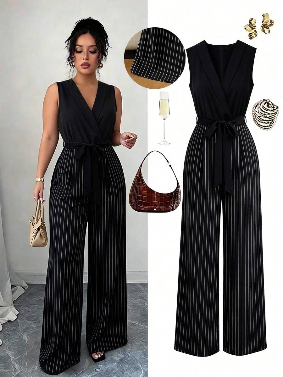 GlowEve CURVE Women's Plus Size Dark Lace-Up Jumpsuit, Fashionable For Work, Daily And Casual Wear - Multicolor - View 1