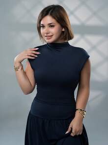 SARA VAULT Light Yellow 2 Pieces Set: Stand Collar Top & Fitted Skirt Elegant Summer - Navy Blue - View 6