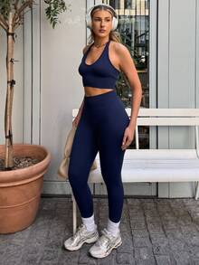 hollyjadebate Women's Solid Color Minimalist Daily Halter Top And Pants Sports Suit Workout Set Summer - Navy Blue - View 4