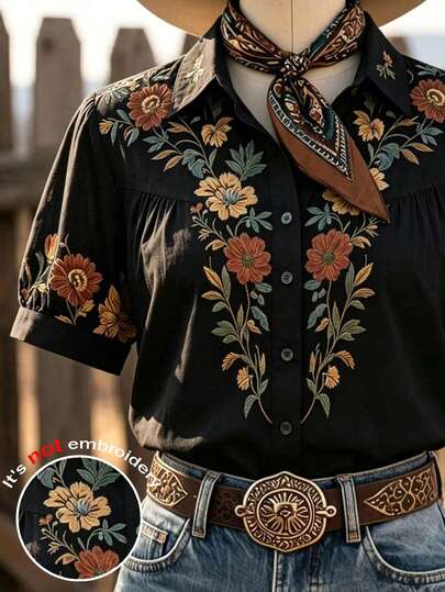 LanaWest CURVE Blusa de mujer talla grande de tejido regular ajuste verano estilo americano occidental boho vintage años 90 pastoral con estampado floral cuello solapa manga pétalo vacaciones negro