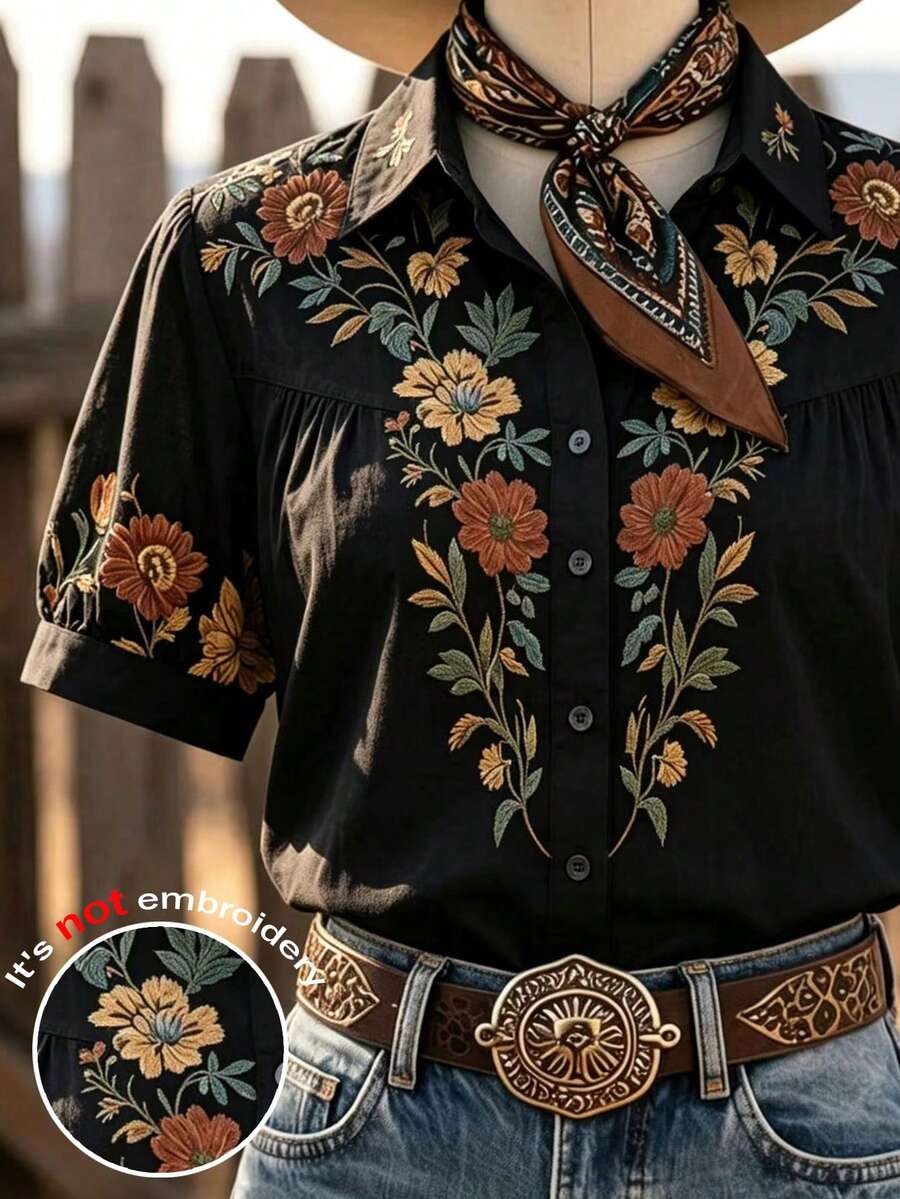 LanaWest CURVE 大尺碼女款梭織標準版型夏季美式西部波希米亞風 90 年代復古田園花卉印花翻領花瓣袖襯衫 度假黑色 - 黑色 - 查看 1
