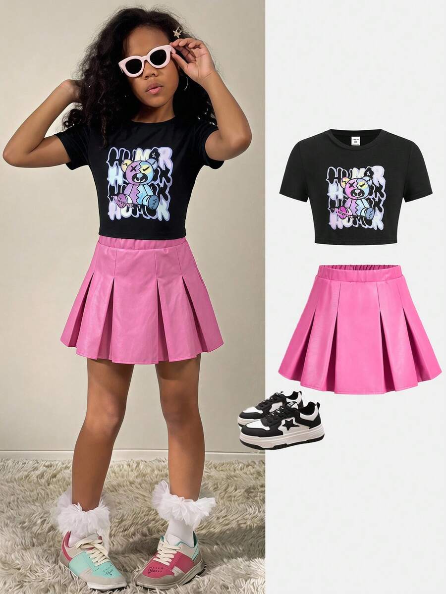 Tween Girls 2 件套:纯色可爱熊印花短款修身短袖 T 恤 + 粉色 PU 褶皱 A 字迷你裙,返校季、Y2K、时尚街头风格、甜美酷女孩 - 彩色 - 查看 1