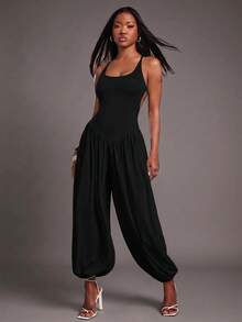 NYA SZN Jumpsuit Sleeveless Spaghetti Strap Fitted Cinch Drop Waist Balloon Pant Leg Loose Baggy Church Elegant Summer Fall Winter - Black - View 4