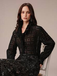 BELROSIE Blus Lengan Panjang Transparan Berenda Berlubang Bordir Mutiara Chiffon Patchwork Kerah Ruffle untuk Malam Halloween, Hitam, Musim Panas, Romantis, Elegan - Hitam - View 1