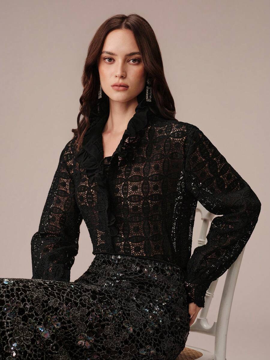 BELROSIE Blus Lengan Panjang Transparan Berenda Berlubang Bordir Mutiara Chiffon Patchwork Kerah Ruffle untuk Malam Halloween, Hitam, Musim Panas, Romantis, Elegan - Hitam - View 1
