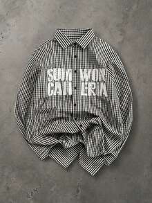 SUMWON Gingham Check Long Sleeve Oversized Shirt With Distressed Large Text Front Print Point Collar Button-Down Closure Casual Everyday Style - Apricot - View 1