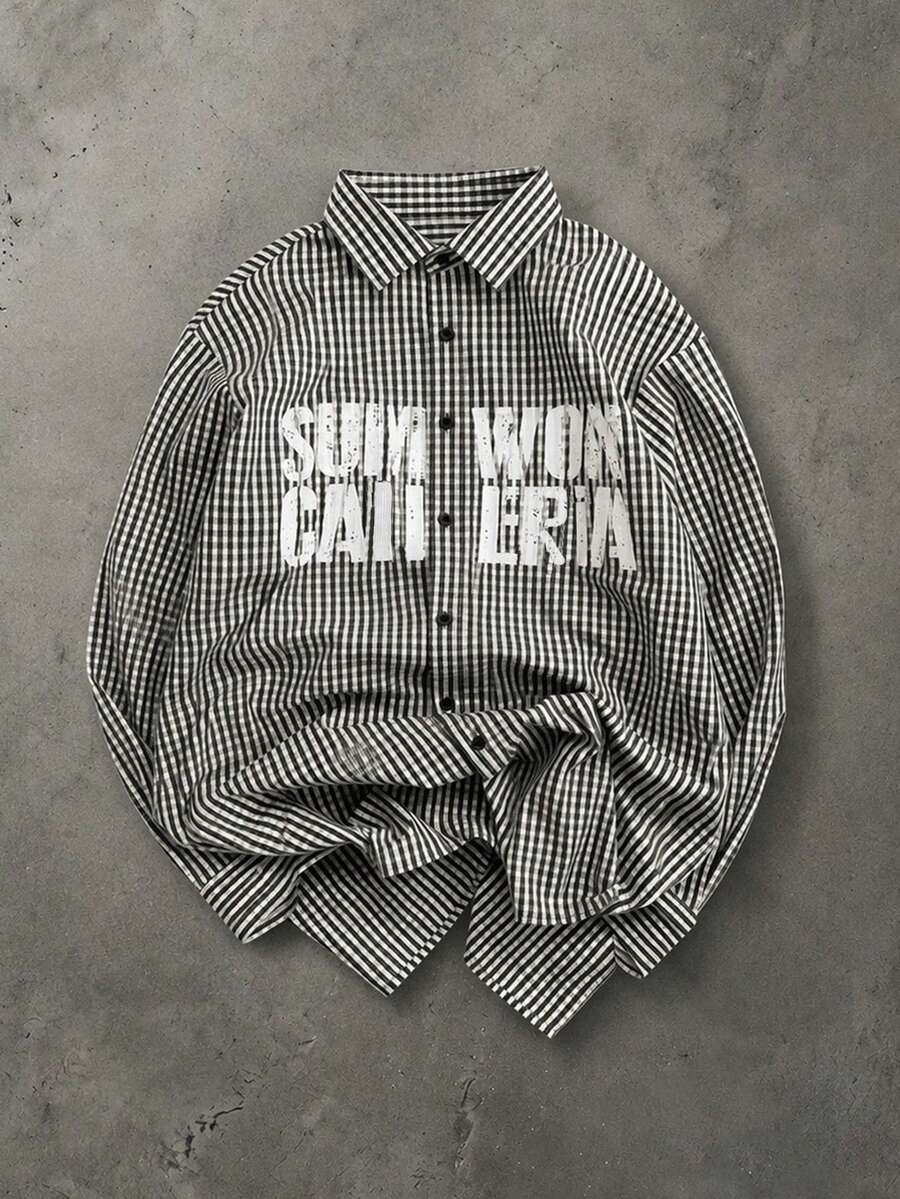 SUMWON Gingham Check Long Sleeve Oversized Shirt With Distressed Large Text Front Print Point Collar Button-Down Closure Casual Everyday Style - Apricot - View 1
