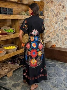 Louniche 女款休閒輕盈熱帶度假風印花蝙蝠袖長洋裝，適合日常穿著、海灘，黑色花卉夏季款 - 彩色 - 查看 2