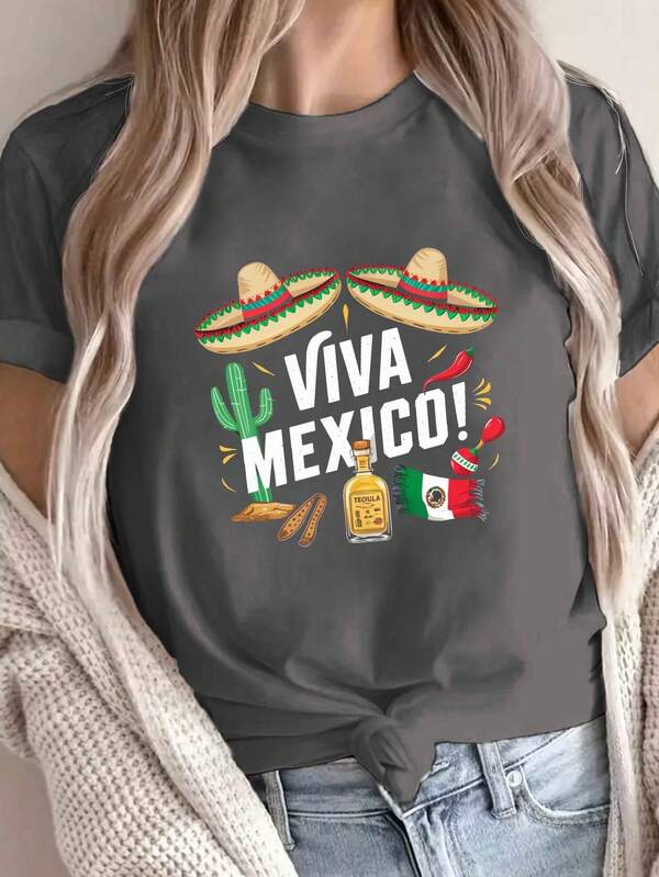 Women's Short-Sleeved Shirt With Round Neck And Print, Comfortable For Casual Wear, Light And Breathable, With Modern And Youthful Style