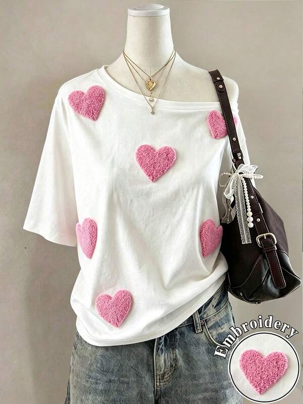 Lalippa Women's Heart Towel Embroidery Asymmetric Neck Loose Casual Y2k Cute T-Shirt School Holiday White Summer