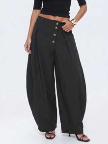 Avantive Women's Autumn/Winter Solid Color Button Front Casual Curved Leg Trousers - Black - View 5