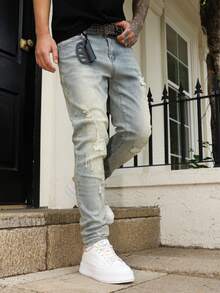 QuarKem Men's Casual Ripped Pocket Street Wear Denim Jeans - Light Wash - View 4