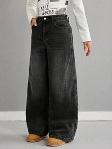 SHEIN Celana Jeans Longgar Berpinggang Rendah Warna Biru Retro untuk Anak Perempuan - Hitam - View 6