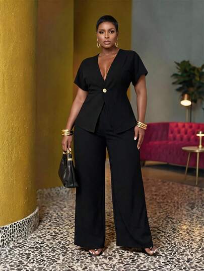 Slaydiva Plus Size Women Solid Color Single Button Short Sleeve Shirt And Wide Leg Pants 2 Pieces Set