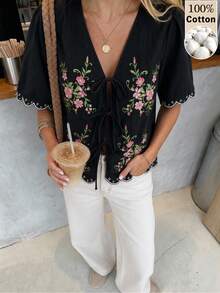 Poéselle Women's Cotton Casual Elegant Floral Embroidered Lace-Up Blouse, Going Out Brunch Vacation Tops, Work, Summer/Autumn Black And Pink - Black - View 9