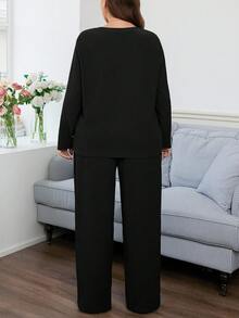 Easowa Curve Plus Size Casual Versatile Solid Color Top And Pants 2 Pieces Set - Black - View 2