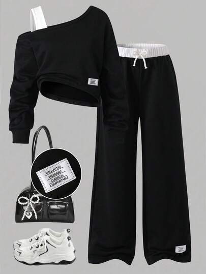 SHEIN Sparklyn Girls' Casual Cow Boy Athletic Black And White Asymmetrical Neck Long Sleeve Ribbed Cuff Sweatshirt Elastic Waist Drawstring Pants Autumn Set School