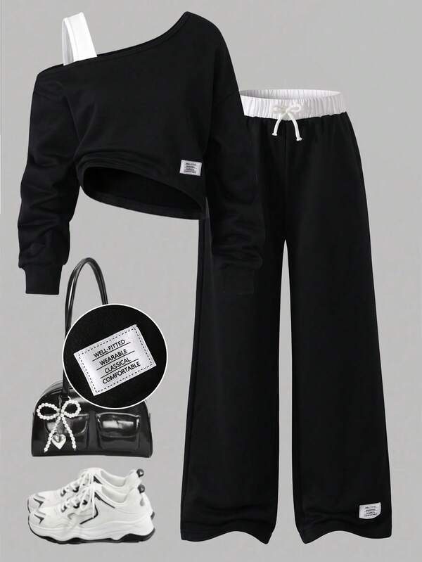 SHEIN Sparklyn Setelan Kasual Olahraga Outdoor Minimalis untuk Anak Perempuan, Streetwear, Hitam, Leher Asimetris, Tali Asimetris, Lengan Panjang, Manset Bergaris, Celana Panjang dengan Pinggang Elastis dan Hiasan Pita, Cocok untuk Kembali ke Sekolah Musim Gugur/Dingin