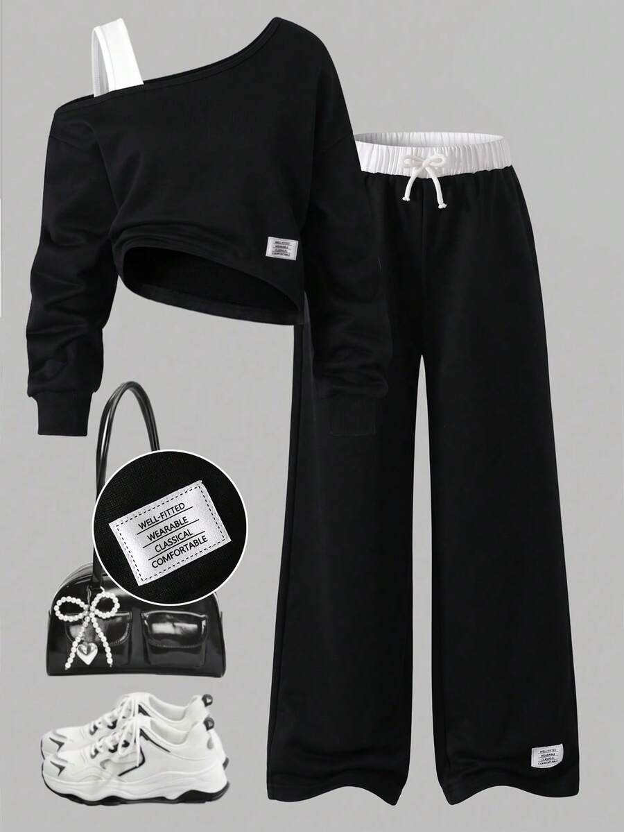 SHEIN Sparklyn Girls' Athletic Black And White Asymmetrical Neck Long Sleeve Ribbed Cuff Sweatshirt Elastic Waist Drawstring Pants Autumn Set School Student - Black - View 1