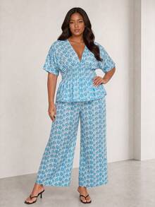 ELLERISSA Plus Size Blue And White Ditsy Floral V-Neck Blouse Wide Leg Pants Co-Ord Set Beach Vacation Summer Boho - Blue and White - View 1
