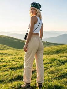 SHEIN Women's Drawstring Waist Loose Pocket Outdoor Long Pants - Khaki - View 3