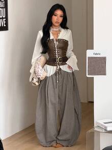 Coolane 女款夏季復古休閒嬉皮風街頭寬鬆軍綠棕色格紋長褲，秋季女裝，女款工作服，萬聖節女裝服飾 - 咖啡棕 - 查看 6