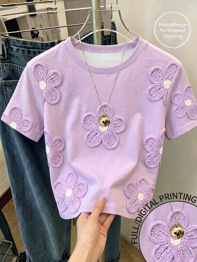 Camiseta corta de manga corta con estampado floral digital para adolescentes, casual, linda y cómoda para primavera/verano, escuela, vuelta a la escuela, color lavanda