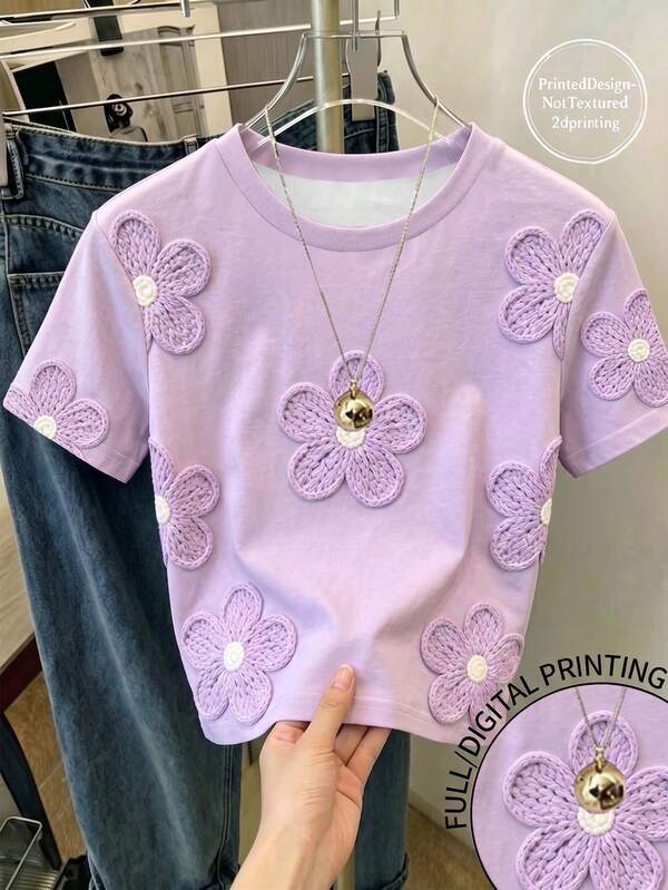 Camiseta corta de manga corta con estampado floral digital para adolescentes, casual, linda y cómoda para primavera/verano, escuela, vuelta a la escuela, color lavanda