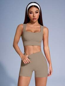 SHEIN Sovereign Charm 女款素色羅紋運動背心與短褲套裝 - 橄欖棕 - 查看 3