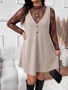 SHEIN Frenchy Women's Plus Size Lace Top & Sleeveless Dress 2 Pieces Set - Multicolor - View 2