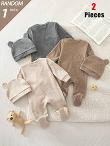 SHEIN 盲盒 3 件套 秋冬複合抓絨布條紋印花泰迪熊刺繡圖案長袖連身衣附腳褲與帽子 2 件組合熱銷款舒適柔軟睡衣居家服 - 彩色 - 查看 3