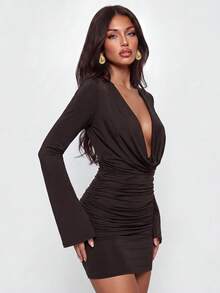 Avantive Women's Solid Color Deep V-Neck Casual Party Mini Dress - Coffee - View 7