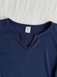 SHEIN Kaos Anak Perempuan Remaja Musim Gugur Lengan Panjang dengan Detail Kerut dan Ikatan di Depan, Pakaian Kasual Sehari-hari - Navy Blue - View 4