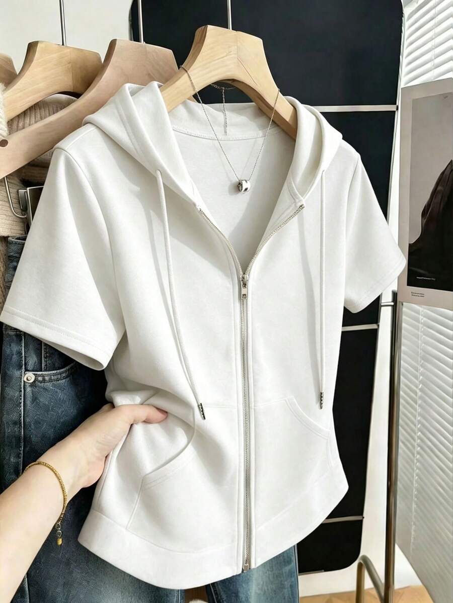 Franclia Women's Casual Daily Commute Minimalist Solid Color Short Sleeve Zip-Up Drawstring Hooded Sweatshirt - White - View 1