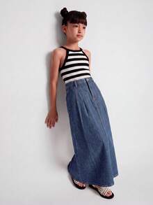 Maija Kids Maija Kids 少女休闲优雅深色纯色水洗牛仔长裙，带褶裥，秋冬季优雅牛仔裙，返校季/舞会季，女士牛仔裙，牛仔裙，长款牛仔裙 - 深色水洗藍 - 查看 5