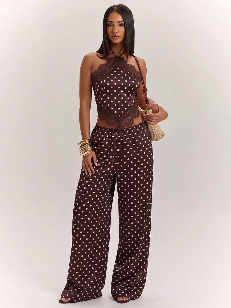 SHEIN BAE Women's Sexy Vintage Satin Contrast Lace Cami Top And Low Waist Pocket Wide Leg Pants Set, Summer Brown And White Polka Dot, Suitable For Vacation - Brown - View 4