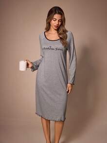 Lazeform Casual Women's Letter Print Contrast Trim Raglan Sleeve Long Sleeve Loungewear Dress - Grey - View 4