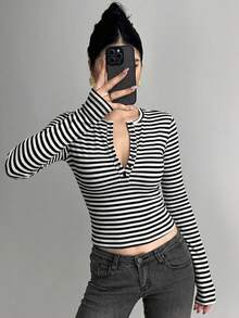 DAZY 女款半排扣長袖修身緊身T恤 - 黑色 - 查看 5