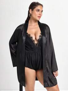 Slumbrini Plus Size Women's Eyelash Lace Patchwork Satin Robe & Nightgown 3-Piece Set - Black - View 1
