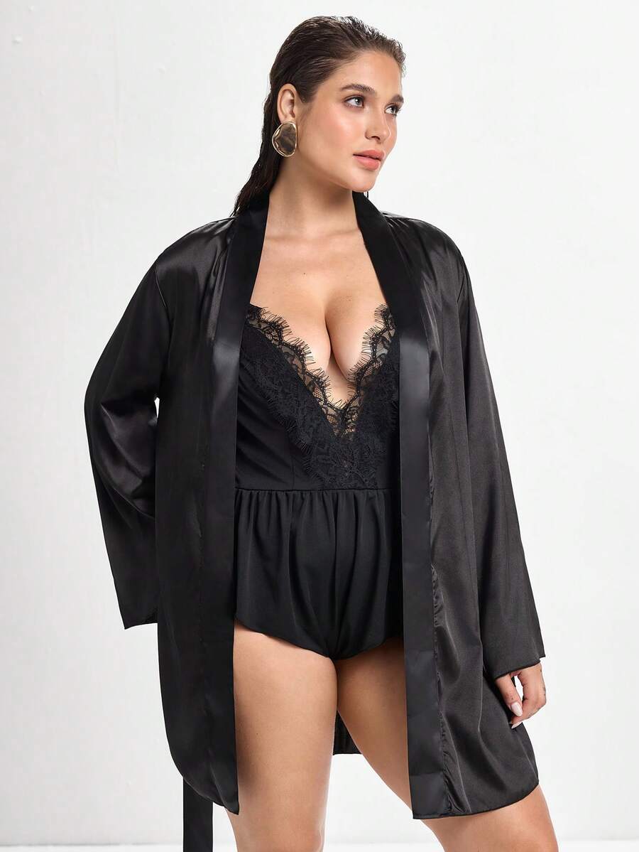 Slumbrini Plus Size Women's Eyelash Lace Patchwork Satin Robe & Nightgown 3-Piece Set - Black - View 1