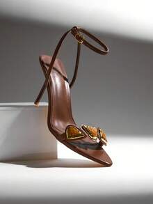 SHUZIA Sandal Hak Stiletto Bertali Pergelangan Kaki dengan Dekorasi Pita Elegan untuk Wanita - Chocolate Brown - View 1