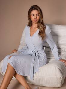 Lazeform Ultra Soft Striped Casual Women's Robe - Baby Blue - View 2