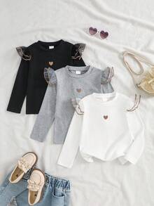 SHEIN Sparklyn 3件組女童秋冬刺繡愛心長袖T恤 幼兒女童長袖上衣 秋季上衣 白色上衣 - 彩色 - 查看 3