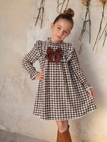 Emery Rose Kids Emery Rose Kids 兒童少女可愛度假休閒杏色格紋蝴蝶結長袖寬鬆連身裙 秋季花卉洋裝 校服 開學穿搭 - 卡其色 - 查看 13