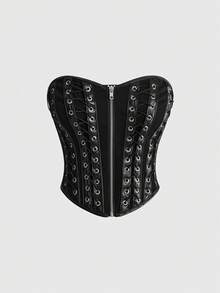 ROMWE Grunge Punk Punk Lace-Up Design Cross Pendant Fitted Bandeau Denim Top For Women - Black - View 1
