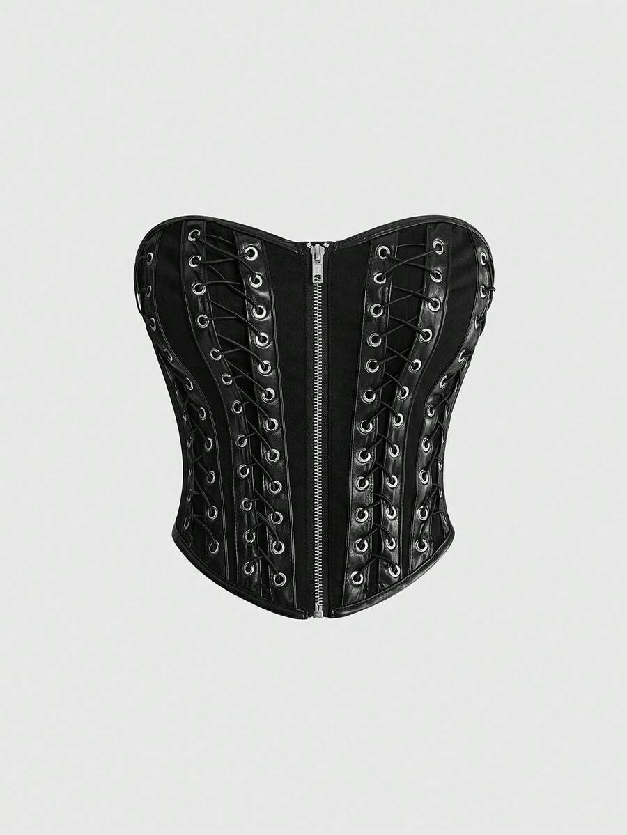 ROMWE Grunge Punk Punk Lace-Up Design Cross Pendant Fitted Bandeau Denim Top For Women - Black - View 1