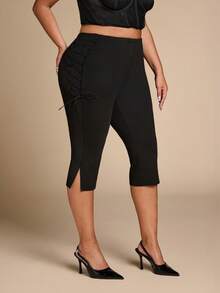 SHEIN BAE CURVE Plus Size Black Sexy Lace-Up Tie-Up Cropped Leggings,Black Sommar Casual Formal Gym Leggings,High Waist Cropped Mid-Calf Length Split Hem Slit Detail - Black - View 6