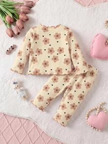 SHEIN 新生儿碎花罗纹套装，含发带，婴儿睡衣，甜美碎花图案女婴睡衣套装，含配套发带，柔软新生儿服装，迷人女婴罗纹连体睡衣和发带，可爱碎花新生儿套装，女婴服装，柔软婴儿服装，新生儿服装，婴儿春季服装，婴儿服装，新生儿服装-新生儿套装 - 粉色 - 查看 2